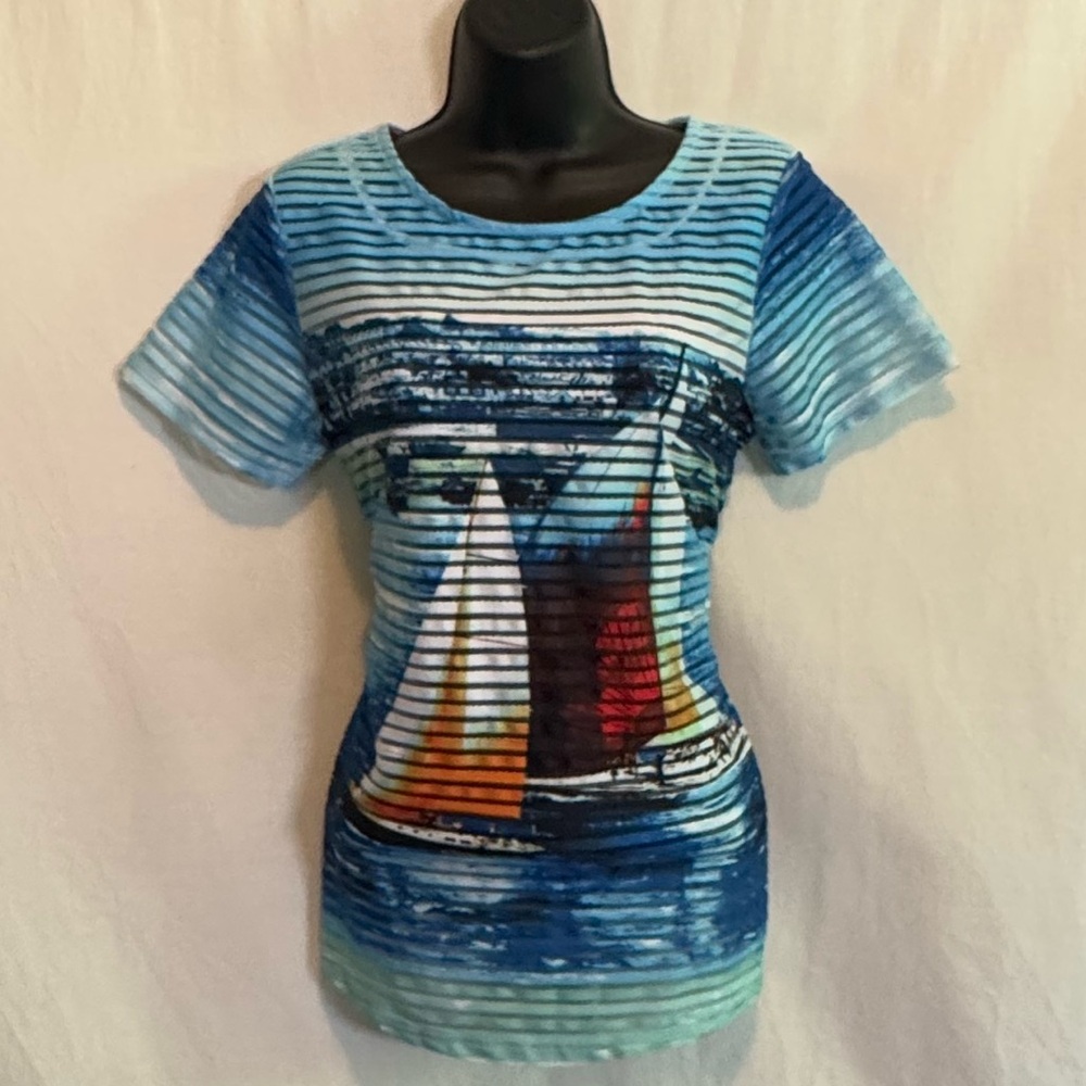H-35 Onque Casuals Blue & White Short Sleeve Pullover Blouse Size‎ S